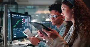 Technology, graphs and business people with discussion in office for investment, support and market update. Investor, man and woman with tech for crypto mining, review and report on trading signals