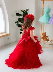 Red Maxi High Low Prom Ball Gown, Birthday Girl Puffy Dress, Multilayered Flower Girl Dress, Feather Sleeve, Pageant, Graduation Baby Dress - Etsy
