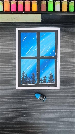 Beautiful Night Sky Drawing with Oil Pastels | Easy Window Scenery Tutorial