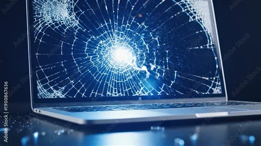 The laptop displays a cracked screen, with shattered glass fragments scattered around. The broken laptop is positioned on a dark surface, highlighting the damage.