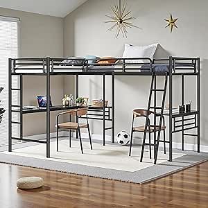 INCLAKE Twin Size L-Shaped Loft Bed with 2 Built-in Desks, Metal Loft Corner Bed with 2 Ladders and Safety Guard Rail, Heavy-Duty Bunk Bed for 2 Children Adults, Space Saving & No Noise, Black