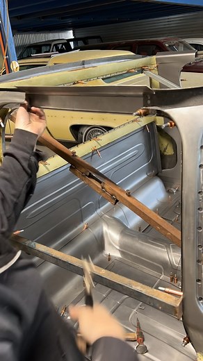 64 toyota stout on Instagram: "Joined the pillars together by making a new innner structure piece. This locks in the pillar angle and side window opening and I made sure they measured the same each side. Pretty simple piece, just bent with a series of folds to make the curve match the adjacent panel. I tacked it on the car to make sure the alignment was correct and then released the clecos to remove the panel and Tig welded it on the bench. Then hammered it smooth and blocked it back using 80g s