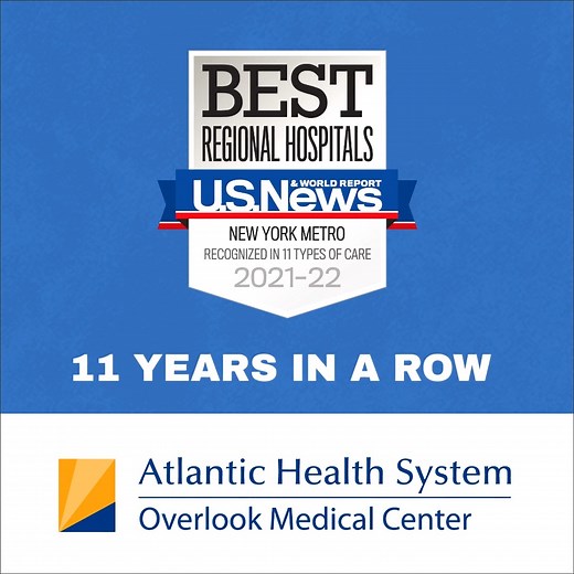 We are proud to be recognized as a Top Regional Hospital for the 11th year in a row by U.S. News & World Report's 2021-22 Best Hospitals! Our team strives to make a difference in the lives of our patients and the communities we serve. Thank you for your support. Learn more: https://bit.ly/3rCuWIZ #ExtraordinaryCaring #AtlanticHealthSystem #OverlookMedicalCenter | Atlantic Health Overlook Medical Center