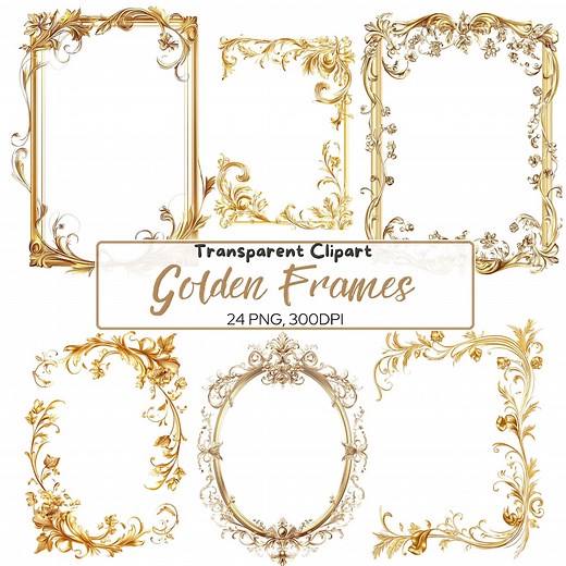 24 PNG GOLDEN Frame Clipart, Transparent Clip Art, Commercial Use, Bundle, Digital Transparent, Floral, Wedding Invitation, Frames - Etsy