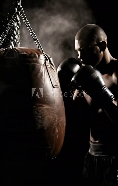 Focused Male Boxer Training with Heavy Punching Bag in Dark Gym Setting for Strength and Endurance Building