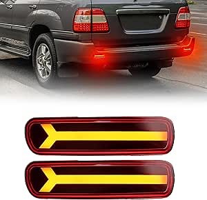 LED Rear Bumper Reflectors Fog Brake Tail Light Lamps Compatible with Toyota Land Cruiser Lexus LX470 1998-2007 Add on Turn Signal Accessories (RED STYLE)