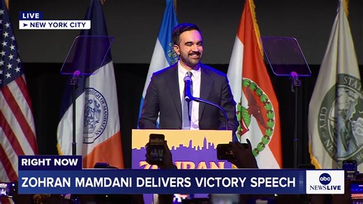 Zohran Mamdani, who is projected to have won the race for New York City mayor, is addressing New Yorkers in his victory speech. Mamdani, 34, a state Assemblyman and democratic socialist who campaigned on a progressive economic platform, is set to become the city's first Muslim and South Asian mayor. https://abcnews.go.com/Politics/mayor-elect-zohran-mamdani-set-address-new-york/story?id=127193119 | ABC News