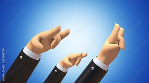 3D animation of a cartoon hand with four fingers that gestures in rock style against different colorful backgrounds.