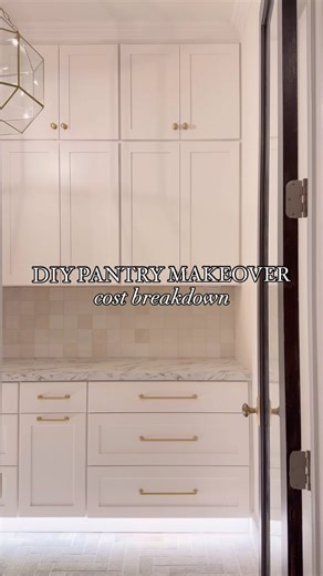 A breakdown of how much our pantry cost! I do this with every project and this is just to give you an idea of what took the most space in the budget. There are plenty of ways to save here but I had a specific vision and splurged a little on the details- the labor was free so girl math says it all evened out 😉 Cabinets $3,243 Counters $357 Tile $2200 Crown/Trim: $220 Wall repair: $10 Shelves: $75 Hardware: $630 Lighting: $860 Brass Rails: $240 TOTAL: ~$7600 Cabinetry: Hampton Bay @homedepot Tile