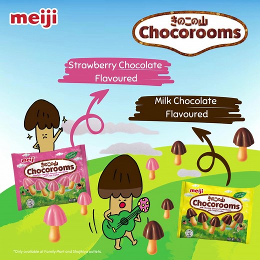 Meiji Chocorooms~ Meiji Chocorooms~ Bite-sized bliss awaits with Meiji Chocorooms! 🍄🍫 Experience the whimsy of bite-sized mushroom-shaped chocolate 🍫 flavoured and strawberry 🍓 flavoured top, nestled on a crispy cracker with every heavenly nibble~ These Chocorooms come in small, convenient pocket-sized packs, perfect for a quick treat anytime, anywhere. Whether you're hustling at work or unwinding during play, make every day a little sweeter with Chocorooms by your side! 🌟 #Chocorooms #Meij