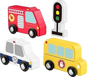 Fisher-Price My Wooden Car Set for Toddlers, 4-Piece Wooden Set with Fire Engine, School Bus and Police Car for Children from 2 Years, JCY32