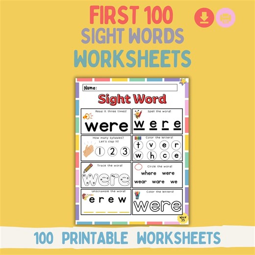Sight Words Worksheet Printable for Kids - Etsy