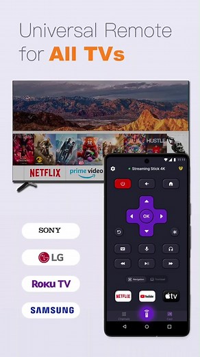 Fast & Easy remote control for all TVs such as: Samsung TV, Roku TV, LG TV, Sony TV,...with app