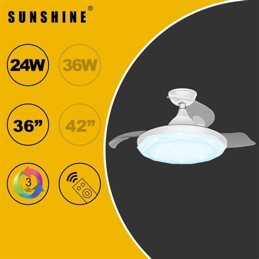SUNSHINE | CFCB-24W LED 24W 36 Reversable Retractable Blades Ceiling Fan Remote Control 3Color #Home Lighting | Size : 36