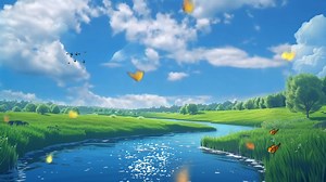 Beautiful fantasy summer natural scenery background animation with Japanese anime watercolor painting illustration style