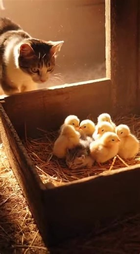 Cute Cat Family with Baby Cats and Chickens