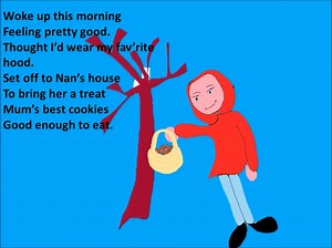 Red Riding Hood in song/rap with simple riff . Percussion clues on video for non specialist