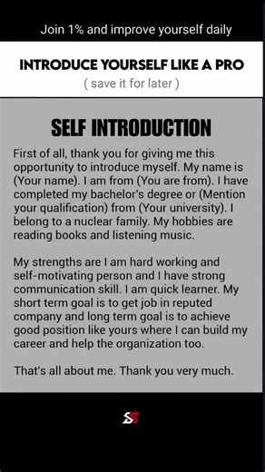 🎤 Introduce Yourself Like a Pro! Best Self-Introduction for Interviews✅✅#englishlearning #ytshorts