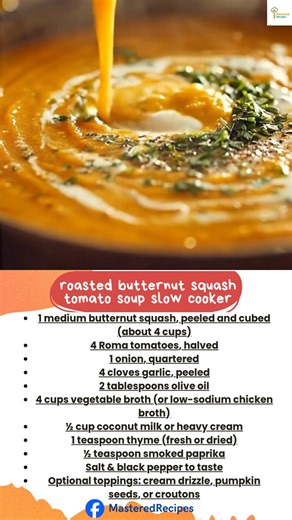 Creamy, cozy, and full of fall flavor! This Slow Cooker Roasted Butternut Squash Tomato Soup is the ultimate comfort soup for chilly nights Just roast, slow cook, blend, and enjoy! Save this one for your next cozy weekend! | Mastered Recipes