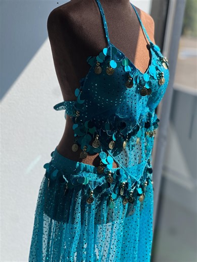 Blue Sequin Belly Dance Costume: Sheer Halter Top & Coin Skirt - Etsy