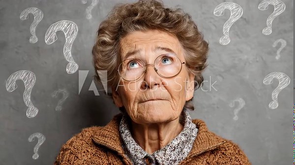 Elderly woman looks up with confusion surrounded by thought bubbles and question marks in a cozy indoor setting reflecting on a puzzling topic