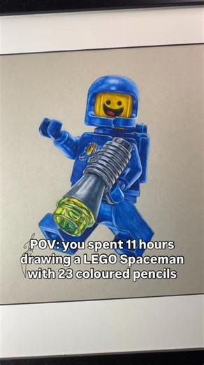 Tom Mothersole | Artist on Instagram: "*SOLD* This original LEGO Spaceman drawing has found a new home! 🏠 Just 30 prints were made and all have been claimed. It is done entirely with markers and coloured pencils. It captures the essence of Benny from the LEGO Movie by depicting him “floating” on the page."