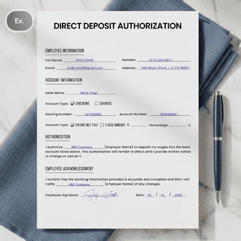 Editable Direct Deposit Authorization. Printable Payroll Form. HR Template.