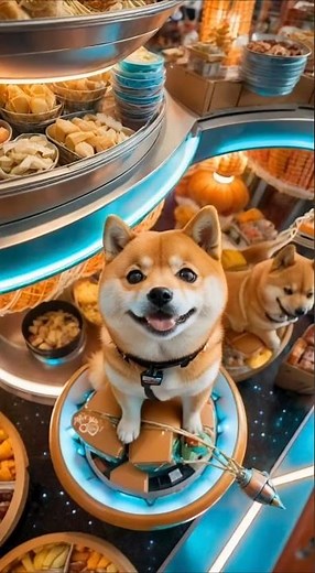 Two Shiba Inu dogs pilot a round spaceship weaving through a bustling interstellar market🐶✨🌌🪐🍗🥘🥗