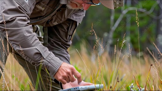 Scientist operates rugged tablet device to gather environmental data from grassland ecosystem directly in the field