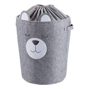 [Hot Item] Round Tapered Laundry Hamper with Drawstring Liner Felt Bear Cute Storage Basket