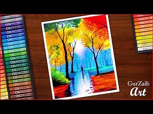 Nature drawing with oil pastels - colorful trees in rainy season painting (very easy) step by step