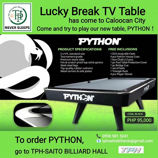 THE PYTHON UP CLOSE IN COAL BLACK ⚫️🐍To order TPH-SAITO BILLIARD HALL Made with sleek, premium materials and equipped with EVOAndy 600, you won’t go wrong with this tournament-grade table. The real game changer. At only ₱95,000 get all the features of professional grade table. 💯 Comes with the following freebies: • 1 EVO Andy 600 Cloth • 4 pc House Cues • 1 box Chalk • 1 pc Pool Table Cover • 1 pc Bridge Cue • 1 set Ball Set • 4 pcs Player Gloves Planning to open a pool hall? Let’s talk. We ca