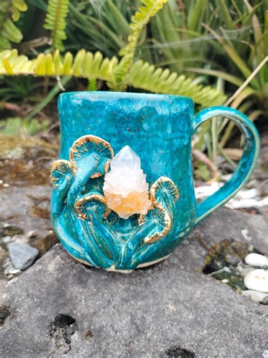 Handmade Spirit Quartz Crystal Mug, Golden Mushrooms, Stoneware Pottery Drinkware - Etsy