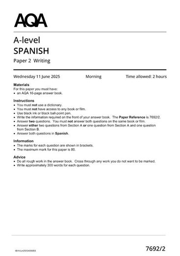 2025 AQA A Level SPANISH Paper 2 (7692/2: Writing)