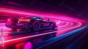 The futuristic car moves fast with the neon speed light. 4k video footage
