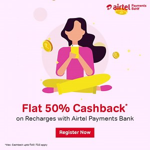 Get Flat 50% Cashback Upto Rs. 40 On Your First Online Recharge Using Airtel Money Wallet. Offer valid till 31st March. T&C Apply | Airtel Payments Bank