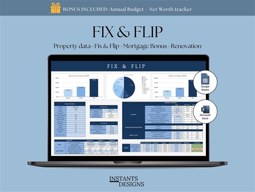 Fix and Flip Spreadsheet Google Sheets Excel Property Flipping Rehab Calculator Renovation Budget Real Estate Investment Analysis ROI Tool - Etsy