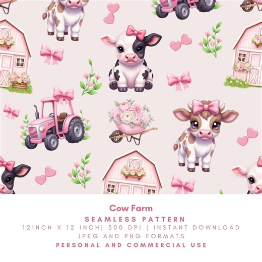 Cow Farm Seamless Pattern, Pink Barn Digital Paper, Girly Country Design, PNG JPG, Commercial Use, Digital Download - Etsy