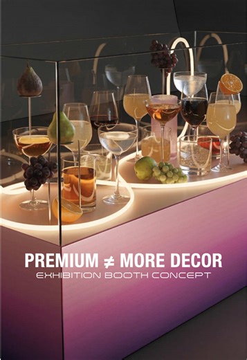 Premium doesn’t scream. It edits. This is minimalist exhibition booth design built as event decor that stays clean, intentional, and buildable for real event production. Two trade show booth concepts for the bar & beverage world: A glassware showcase with rich, sophisticated restraint in deep muted tones — and a brand activation for custom-cocktail spirits with futuristic lines and a warm velvet-sunset glow. The work sits at the intersection of experiential design, set design, and event art dire