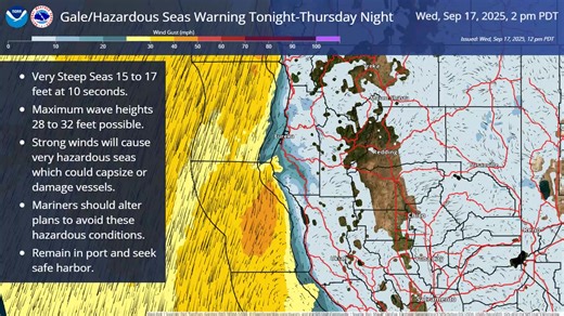 Gale and hazardous seas warning in effect tonight through Thursday night for the coastal waters from Point Saint George to Point Arena 10 to 60 nautical miles offshore. Strong winds and large very steep waves are also expected closer to shore around Pt St George and downwind of Cape Mendocino. | US National Weather Service Eureka California