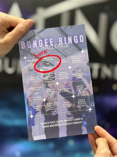 BINGO Card Clarification: The refer a friend/bring a friend square is only valid if the person you refer is new, so not a current client/member who already pays or has passes currently. Apologies if that square reads confusing! You still have plenty of time to get that square! 3 1/2 weeks, Feb 8th. 😊 @topfans | Launch Bungee Fitness