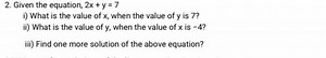 Given the equation 2x   y = 7, answer the following:Find the ... | Filo