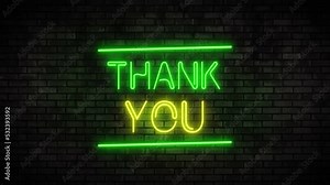 Thank You Neon Light on Brick Wall. Night Club Bar Blinking Neon Sign. Motion Animation. Video available in 4K FullHD and HD render footage