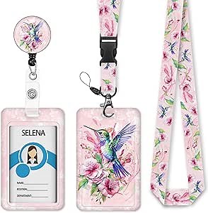 Bird Badge Holder with Retractable Lanyard, Pink Lanyards for ID Badges Name Tags Vertical Card Holder, Detachable Lanyard Badge Reel Retractable, Teacher Nurse Workers Women Office Gifts