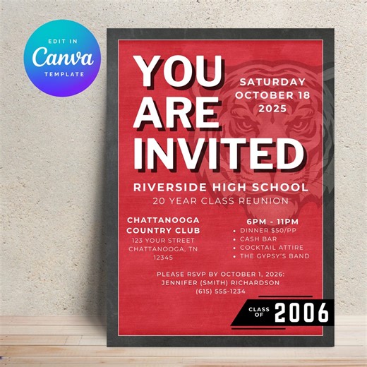 Chalkboard Red White Class Reunion Invitation | Mascot | Editable Canva Template | 5x7 Printable & Digital | Instant Download - Etsy