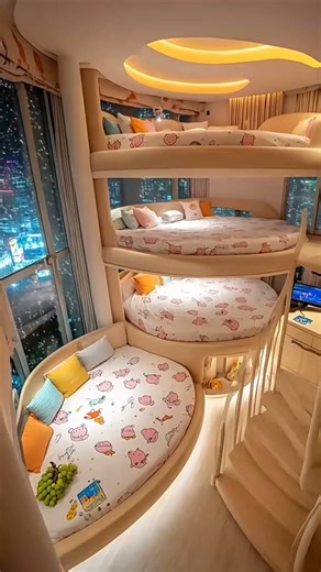 🌈 Playful Triple Bunk Loft Bedroom ✨🎵 | Cozy City Nights 🌃💤 #viral #ai