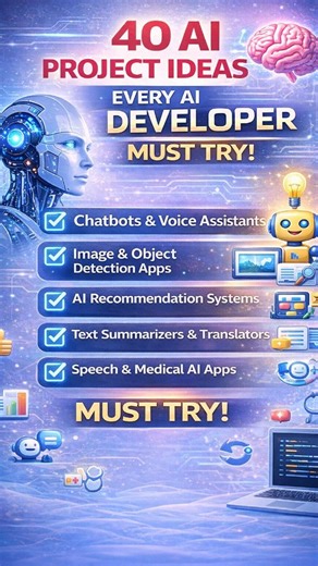 Codecraze on Instagram: "🚀 40 AI PROJECT IDEAS EVERY AI DEVELOPER SHOULD TRY 🤖💡 If you’re learning AI, Machine Learning, or Deep Learning and wondering what to build next, this list is your roadmap. Whether you’re a beginner or an advanced developer, building real-world AI projects is the fastest way to improve your skills, grow your portfolio, and stand out in tech. From chatbots and recommendation systems to computer vision and generative AI — these project ideas cover NLP, Computer Vision,