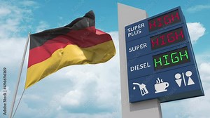 Gas station sign board with rising fuel prices and national flag of Germany, conceptual 3D animation