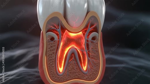3 D animation of a tooth with a glowing red pulp and nerves, dental anatomy model, tooth structure medical visualization