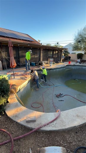 Taking this pool from drab to fab with a new baja shelf, glass waterline tile, mini pebble, and filling in the deep end to make it a play pool. Stay tuned for this amazing transformation  #cortezstreetwithluxe #backyardremodeling #landscaperenovation #poolrenovation #PoolConstruction #swimmingpool | Luxe Outdoor Environments | Facebook